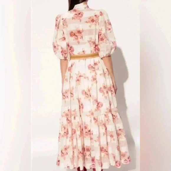 Zimmermann Rosa Midi Dress 2 US 8 M Silk Cotton Floral Stripe Tiered Belted Maxi - Picture 14 of 16